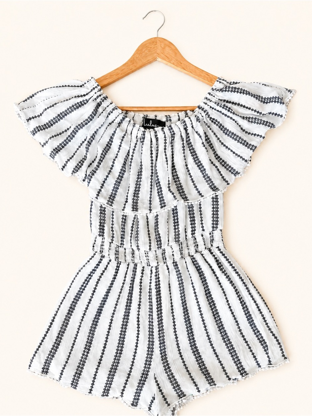 Lulus Women’s Off-The-Shoulder Navy/White Striped Romper, Size Small